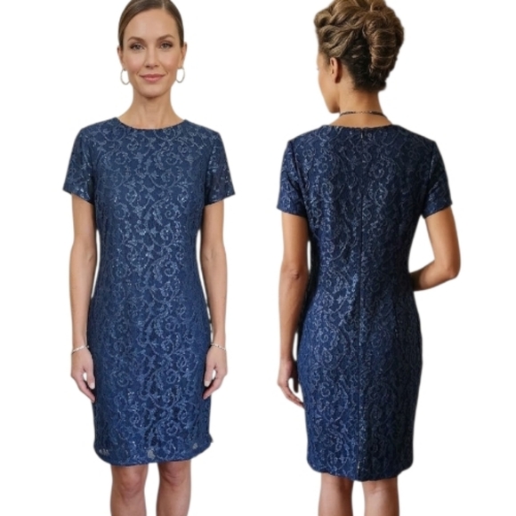 Ralph Lauren Dresses & Skirts - RALPH LAUREN Metallic Blue Lace Sheath Cocktail Dress - Size 18